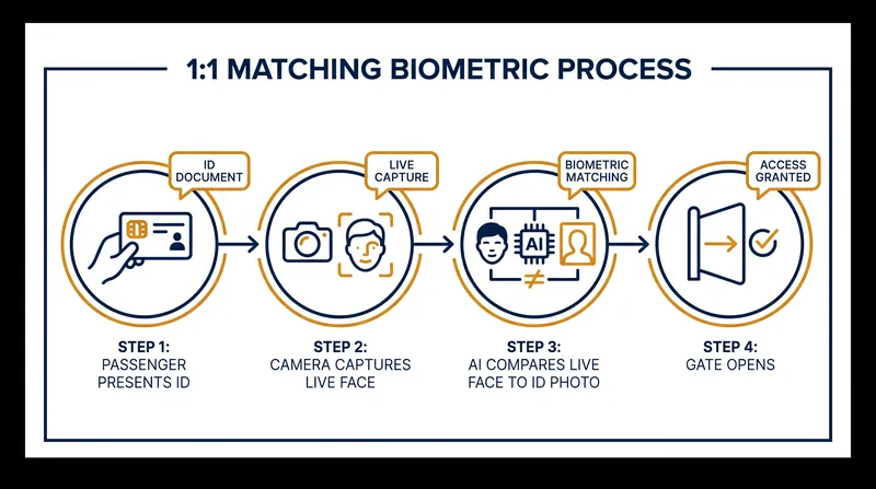 How 1:1 biometric matching verifies a traveler's identity at the checkpoint.