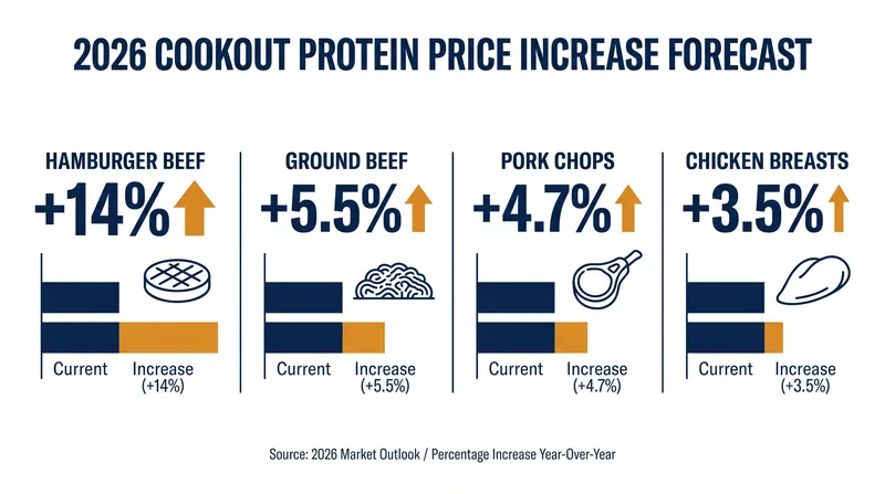 While beef prices have surged by double digits, alternative proteins like pork and chicken have seen much milder increases.