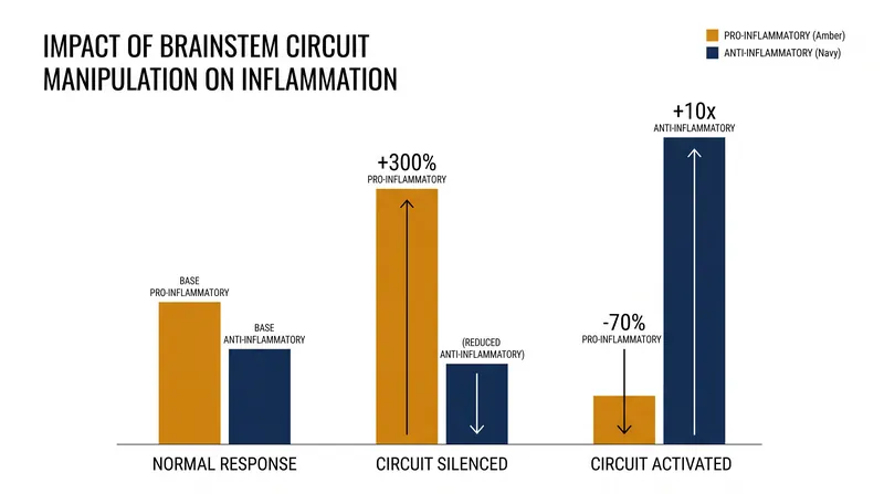 Silencing the brainstem circuit leads to runaway inflammation, while activating it acts as a powerful immune brake.