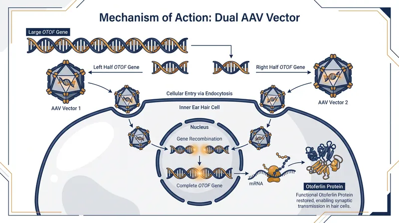 Because the OTOF gene is too large for a single viral vector, the therapy uses a dual-vector system that recombines inside the ear's sensory cells.