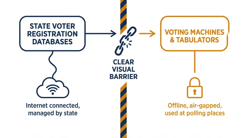 Voter registration databases are maintained separately from the offline machines used to cast and tabulate ballots.