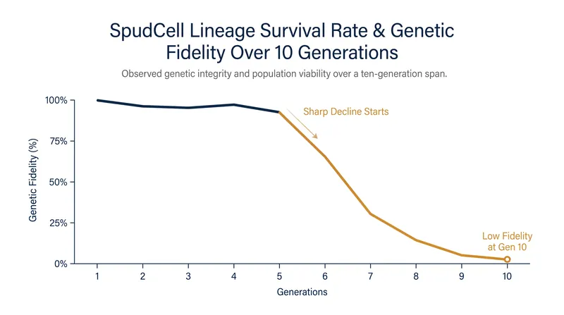 Due to fragmented DNA, current SpudCell lineages typically fail after five to ten generations.