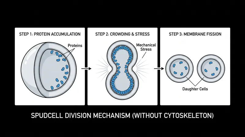 Without a natural cytoskeleton, SpudCell relies on protein crowding and mechanical stress to divide.