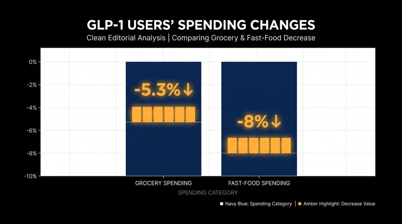 Households using GLP-1 medications show significant reductions in overall food spending, particularly at fast-food restaurants.