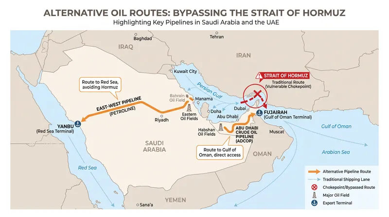 Alternative pipeline routes have allowed Gulf producers to bypass the Strait of Hormuz.