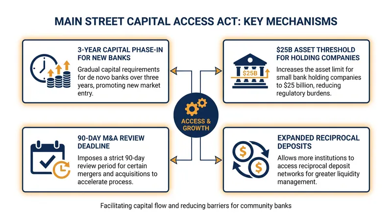 Key provisions of the Main Street Capital Access Act designed to spur new bank formation and ease compliance costs.
