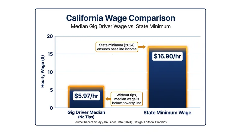 A 2024 UC Berkeley Labor Center study estimated median driver earnings fall well below the state minimum wage after expenses.