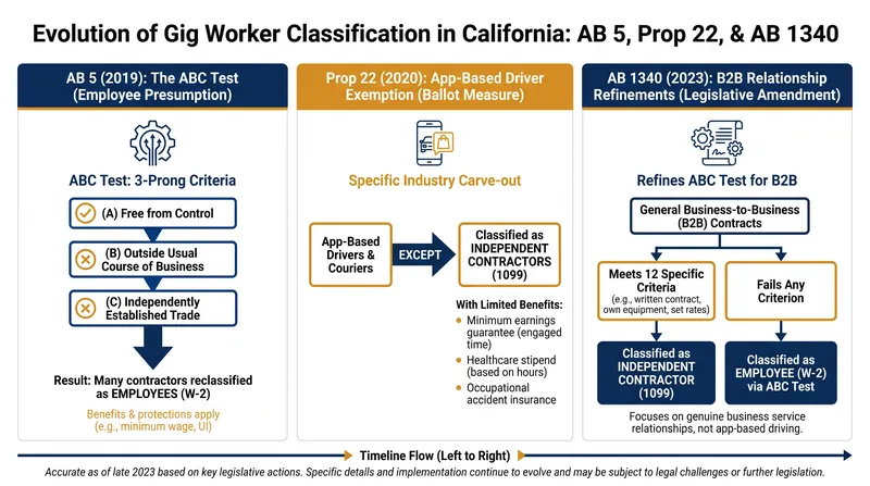 The evolution of California gig worker labor laws from 2019 to 2026.