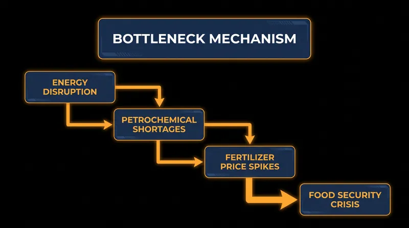 How a maritime energy blockade cascades into a global food security crisis.
