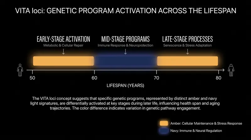 Aging is not a single process; different genetic regions (VITA loci) govern mortality risk at distinct stages of life.