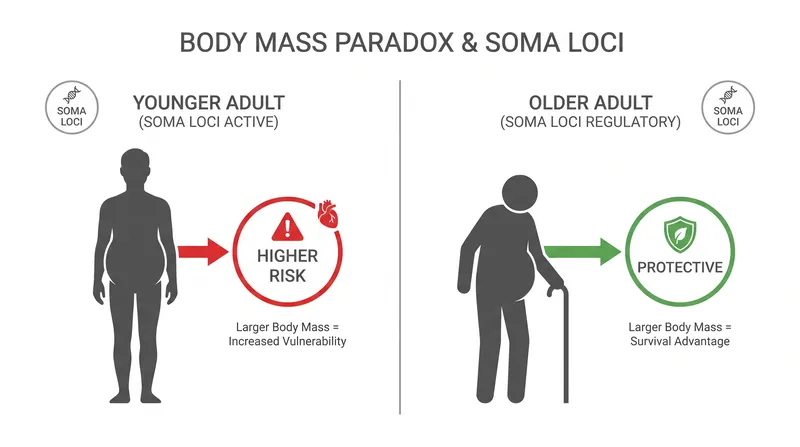 Soma loci mediate a genetic trade-off: larger body mass increases mortality risk in youth but becomes highly protective in old age.