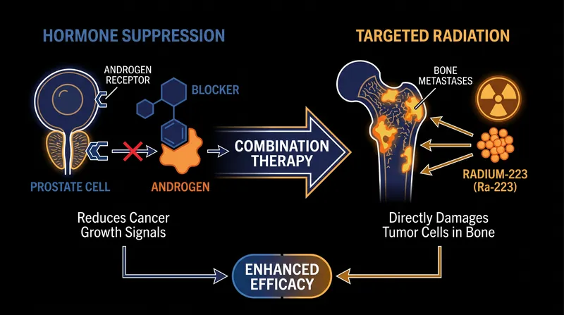 Combination therapies attack prostate cancer on multiple fronts, such as starving the tumor of hormones while delivering localized radiation to bone metastases.