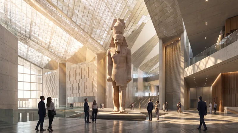 The 83-ton Colossus of Ramses II dominates the sunlit Grand Atrium, welcoming visitors to the complex.