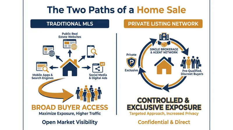 How traditional public listings differ from closed private networks.