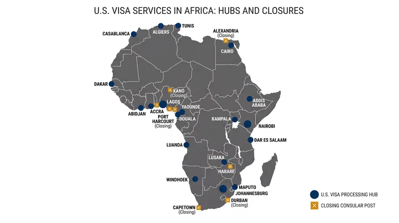 The 20 regional hubs that will absorb all U.S. visa processing across the continent.