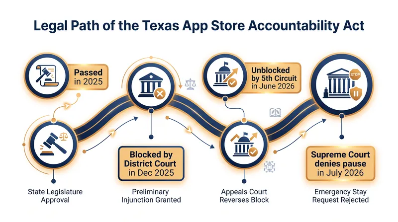 The legal battle over the Texas age-verification mandate is scheduled to continue with full appellate arguments in August 2026.