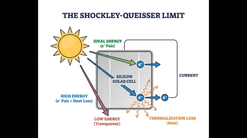 Traditional silicon solar cells waste high-energy photons as heat, capping their theoretical efficiency at roughly 33.7%.