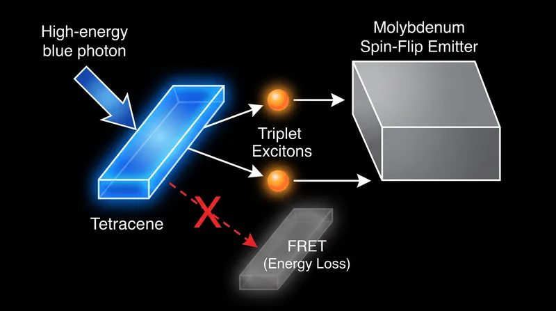The molybdenum-based spin-flip emitter successfully captures both triplet excitons, bypassing the parasitic FRET energy loss pathway.