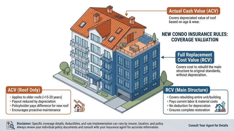 Condo master policies can now use Actual Cash Value for roofs, but must maintain Full Replacement Cost for the rest of the structure.