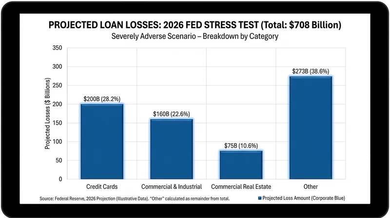 Credit card defaults and commercial loans drove the majority of the projected losses in the Fed's model.