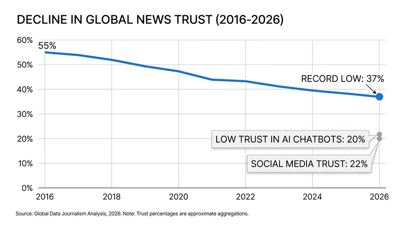 Despite high consumption, trust in news found on social media and AI platforms remains exceptionally low.