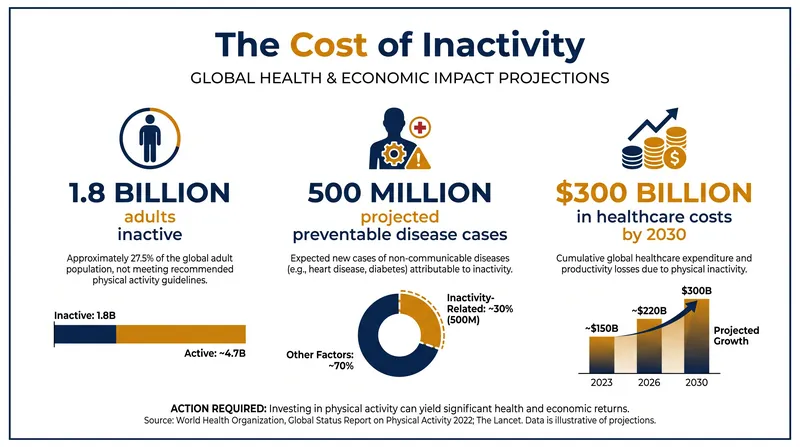 The World Health Organization projects massive human and economic costs if physical inactivity trends continue.