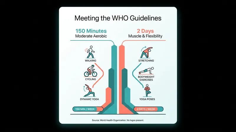 The WHO recommends a combination of moderate aerobic activity and muscle-strengthening exercises each week.