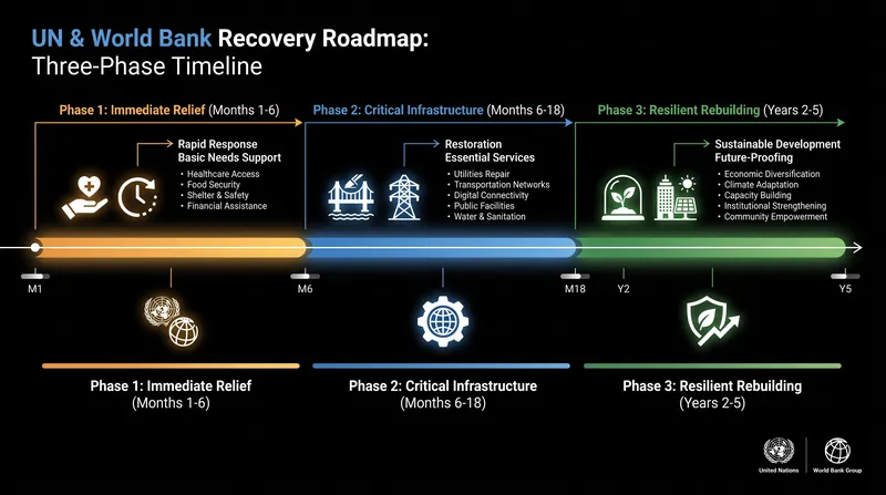 The international recovery effort is structured across three distinct phases over five years.