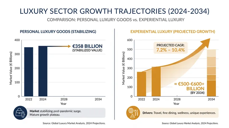 While traditional luxury goods face a structural reset, the experiential sector is projected for sustained, rapid growth.