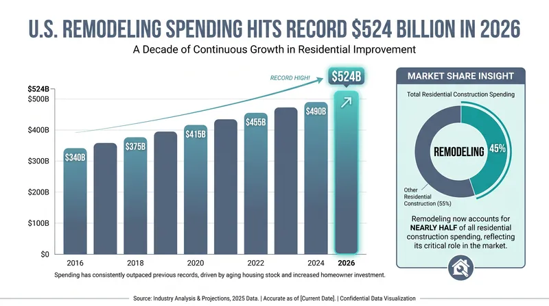 Remodeling spending is projected to hit historic highs in 2026 as the 'improve, not move' trend accelerates.