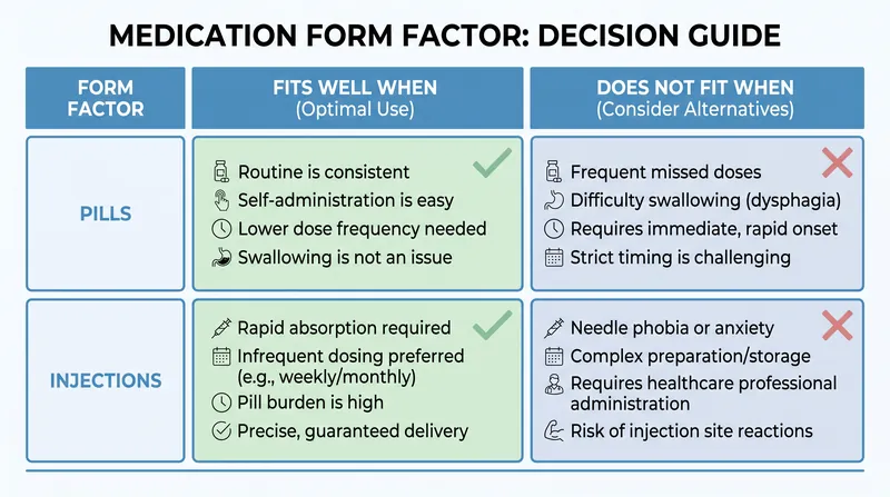 Choosing between a pill and an injection depends heavily on a patient's lifestyle, travel habits, and clinical goals.