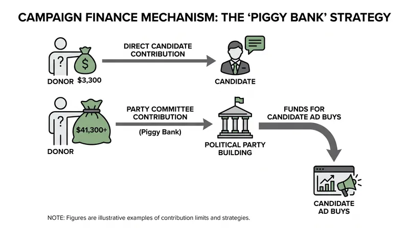 The mechanism critics fear: using party committees to bypass individual candidate contribution limits.