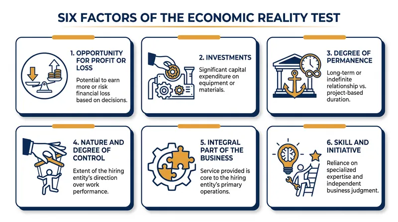 The six factors used by the Department of Labor to determine worker classification.