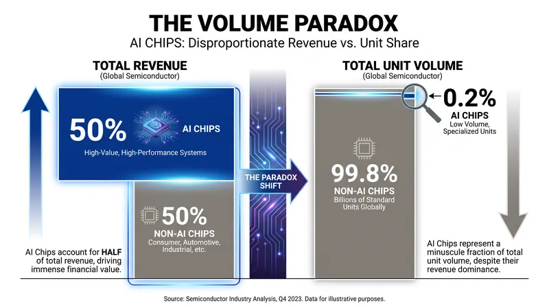 The Volume Paradox: AI chips generate half the industry's revenue while accounting for a fraction of a percent of total unit volume.
