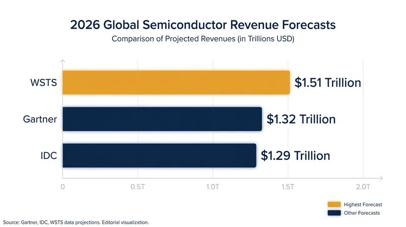 Leading market intelligence firms project unprecedented revenue growth for the semiconductor industry in 2026.