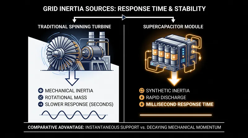 Supercapacitors provide the split-second 'inertia' that renewable grids lose when fossil-fuel turbines are retired.