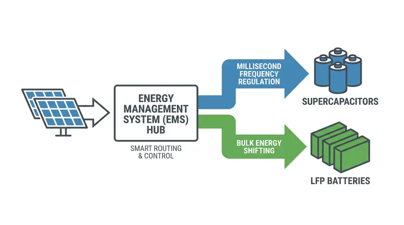 An advanced Energy Management System dynamically routes power requests to the most appropriate storage medium.