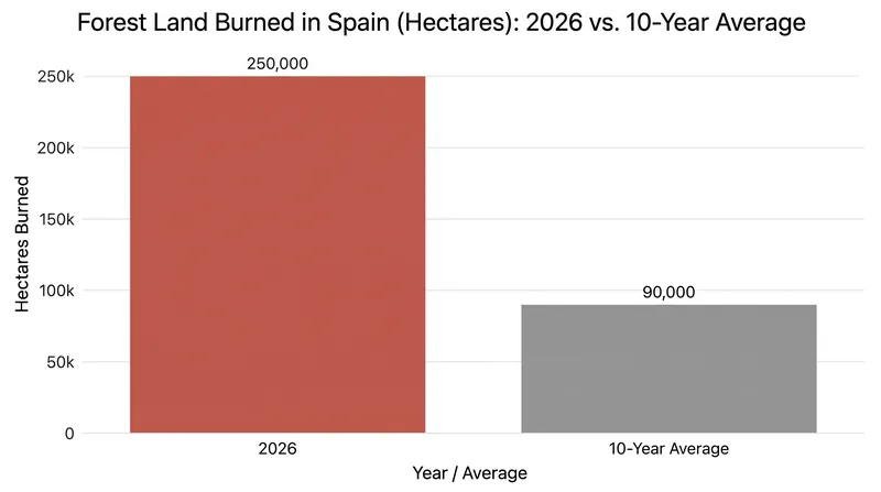 Wildfire destruction in Spain has surged to nearly six times the amount recorded during the same period last year.