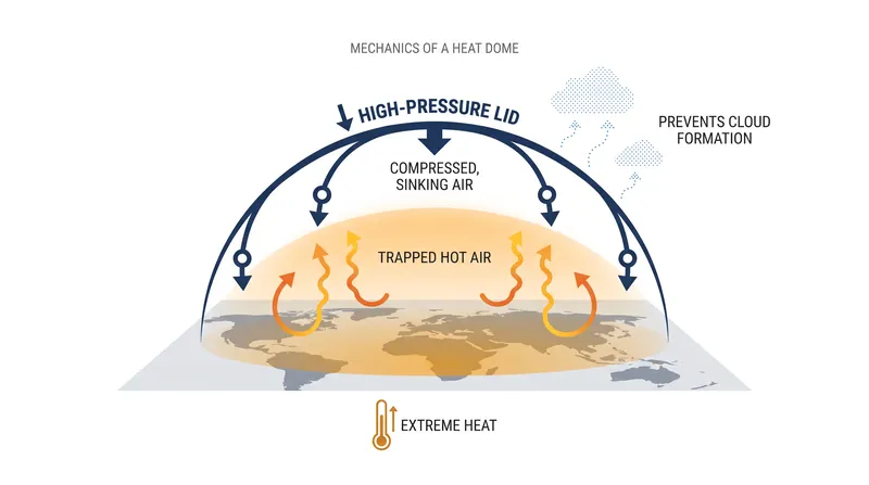 A heat dome occurs when a high-pressure atmospheric system traps and compresses hot air, preventing cloud formation and elevating surface temperatures.