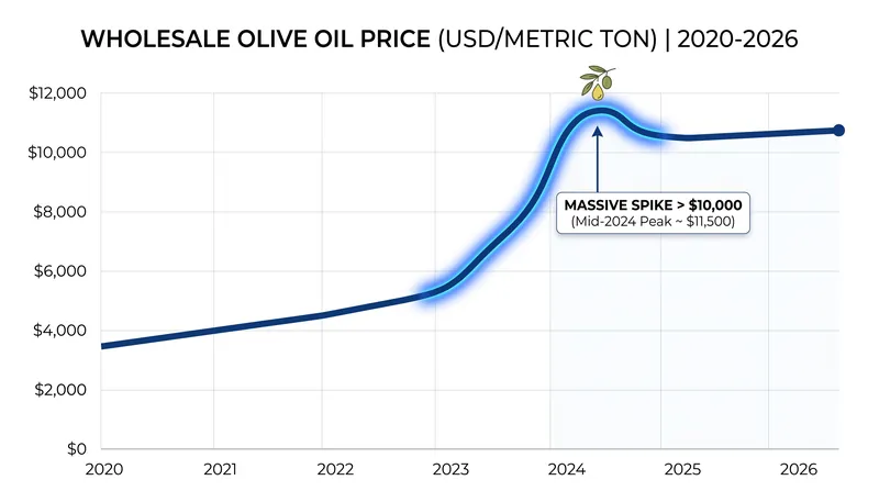 Wholesale olive oil prices reached historic highs following consecutive Mediterranean droughts.