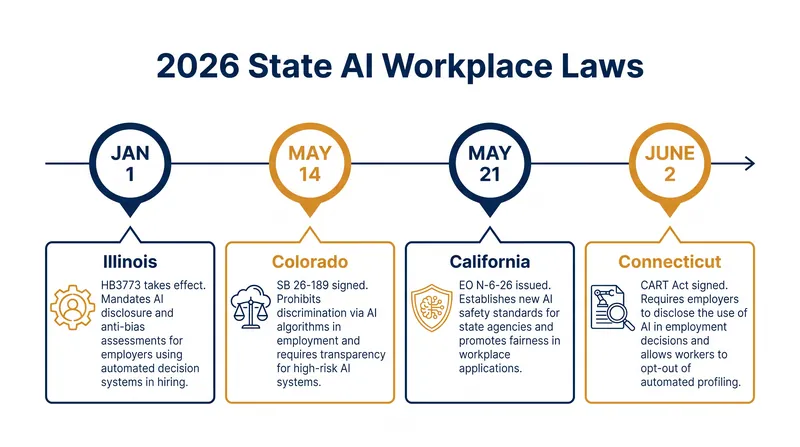 A wave of state-level legislation in 2026 has created a new regulatory landscape for workplace AI.