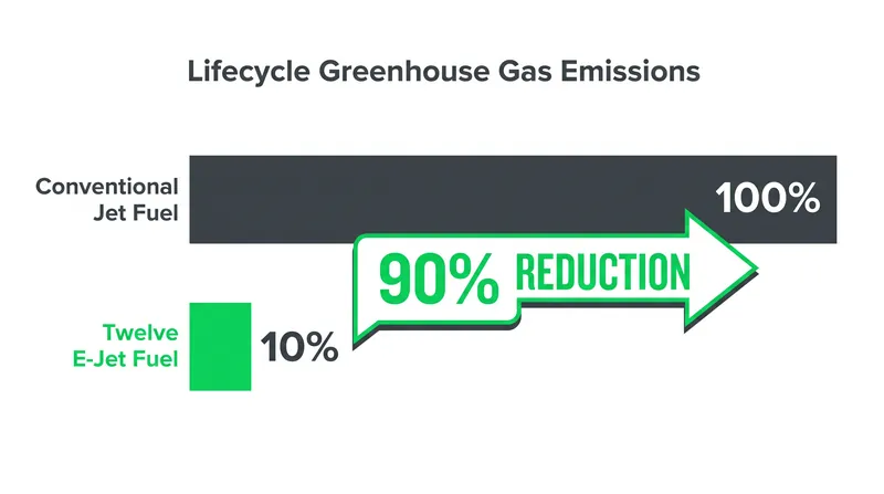 E-Jet fuel offers up to a 90% reduction in lifecycle emissions compared to traditional fossil fuels.