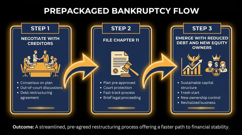 A prepackaged bankruptcy allows a company to negotiate terms with creditors before filing, drastically reducing time spent in court.