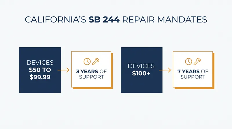 California's Right to Repair Act mandates parts availability based on the product's wholesale cost.
