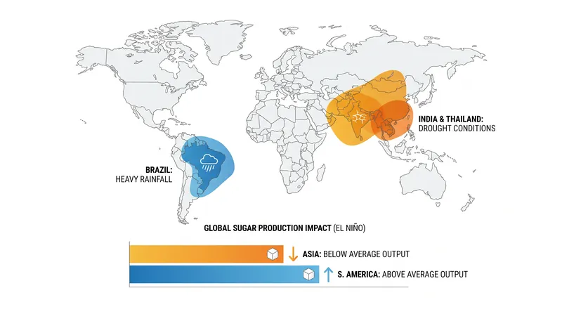 El Niño typically brings drought to Asian sugarcane regions while causing harvest-disrupting rains in Brazil.