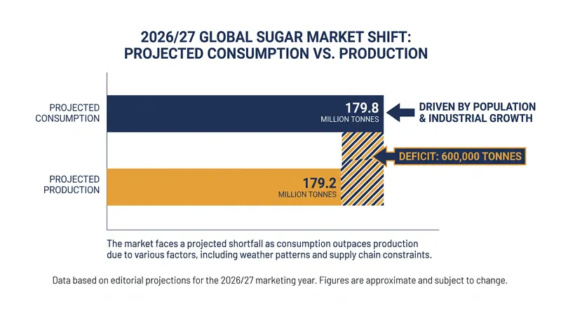 Global sugar consumption is projected to outpace production by 600,000 tonnes in the 2026/27 season.
