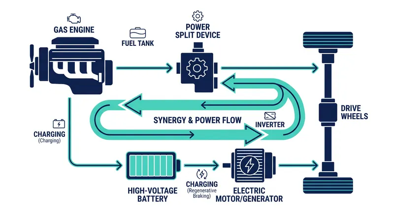 Traditional hybrids charge their own batteries through regenerative braking and the gas engine, requiring no external plug.