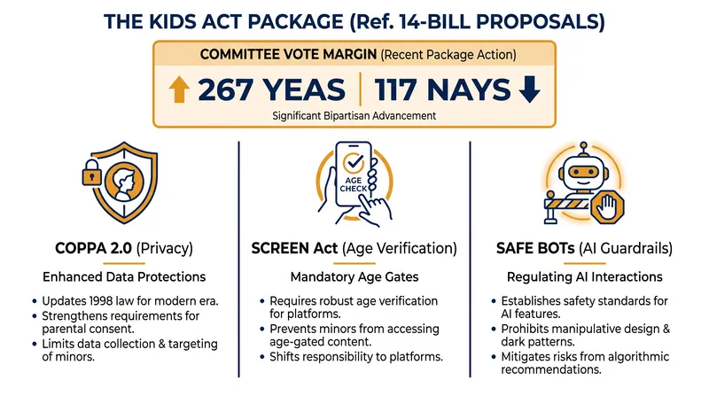 The KIDS Act consolidates 14 separate digital safety proposals into a single omnibus package.