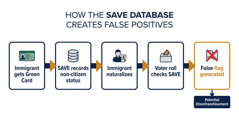 Because the SAVE database tracks historical immigration status rather than real-time citizenship, it frequently flags eligible naturalized citizens.