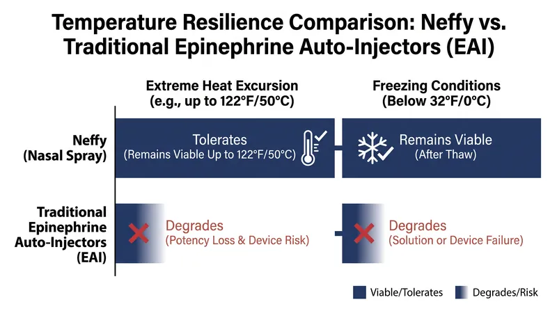 Unlike liquid auto-injectors, the nasal spray formulation is highly resistant to extreme temperature fluctuations.